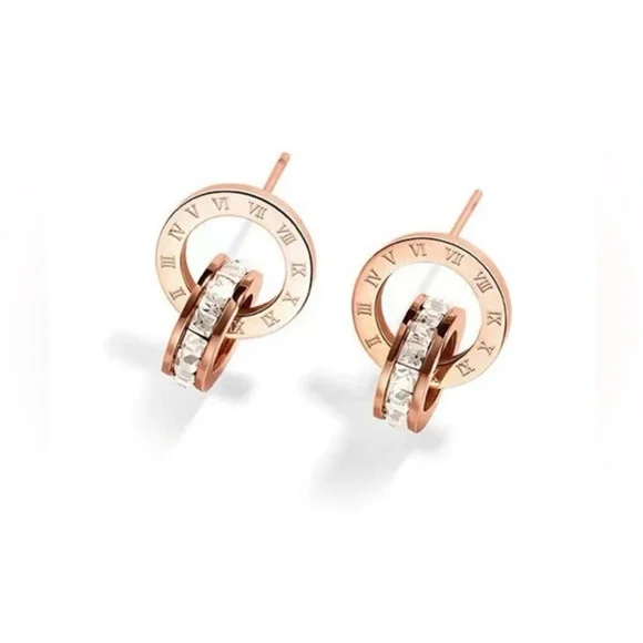 💠 316 Surgical Steel ROSE GOLD Roman Numeral/Rhinestone Hoop Earrings NWT - Picture 1 of 3